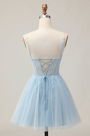 Bleu clair Une ligne perlée courte paillettes Homecoming Dress avec lacets dans le dos